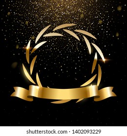Realistic round gold laurel wreath with text space. Premium insignia, traditional victory symbol on black backdrop. Triumph, win poster, banner layout with golden glitter rain. Shiny frame, border
