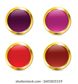 Realistic round gradient red maroon button with golden frame. Golden badge set