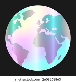 Realistic round holographic rainbow iridescent sticker, icon hologram planet, globe with foil effect. Happy Earth Day. Mockup vector illustration isolated on black background EPS10

