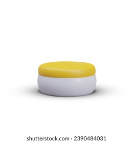 Realistic round jar in yellow and white colors. Plastic packaging for cream or body scrub. Skin and body care concept. Vector illustration in 3d realistic style