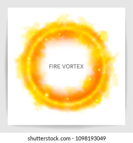 Realistic Round Light Fire Flame Frame. Watercolor Fire Vortex. The Circle Fire On White Background. Watercolor Painting, Illustration Design.
