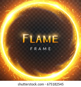 Realistic round light fire flame frame with inscribed text, vector template illustration on transparent background