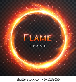 Realistic round light fire flame frame with inscribed text, vector template illustration on transparent background