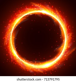 Realistic Round Light Fire Flame Frame, Vector Template Illustration On Black Background