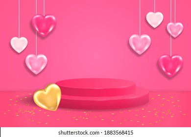 Realistic round luxury display podium mockup. Valentine day pink scene with pink and golden hearts, sequins and cylinder platform for product show. Vector illustration of pedestal for romantic gift