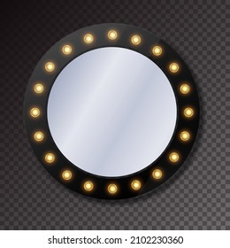 Realistic round mirrors. Make up mirror with light bulbs. Square frames with light bulbs on black board isolated on transparent background.
