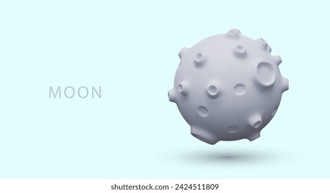 Realistic round moon with volcanic craters. Dead planet on blue background