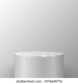 Realistic round pedestal against a light wall to present your product or project. Cylindrical podium for display. 3D scene. Vector illustration. EPS 10.