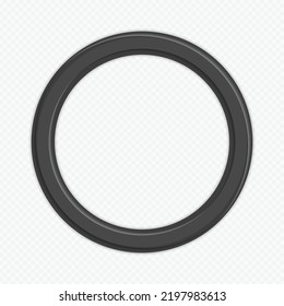 Realistic round photo frame template, isolated on transparent background. Black, blank picture frame for image or text. Modern design element for you product mock-up or presentation.