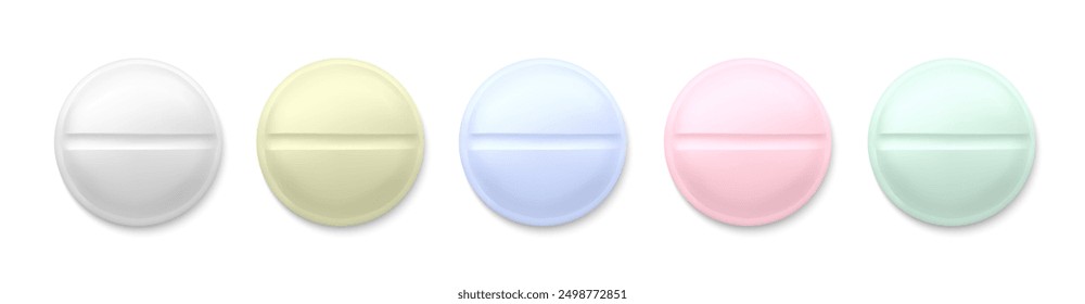 Realistic round pill set. Pills splited in half. Symbol of treatment. Antibiotics, vitamins. Vector illustration