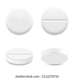 Realistic round pills and capsules mockup style. The concept of medicine and health, isolated on white background. 3d vector illustration. Can be used for medical and cosmetic.