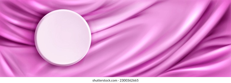 Realistic round platform on silk fabric background. Vector illustration of platform mockup on pastel satin for cosmetic product presentation. Contraceptive pill. Sale announcement banner template