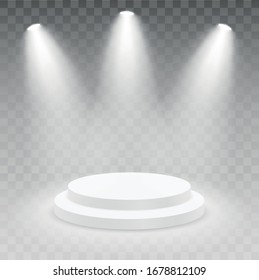 Realistisches rundes Podium mit Licht und Lampe. Showroom Podestal. 3D-Podium, Bühnenboden oder Plattform, beleuchtet auf isoliertem Hintergrund - Vektorillustration.