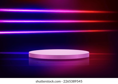 Realistic round podium on bright abstract neon dark background.