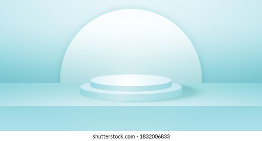 Realistic round podium or pedestal with cyan empty studio room, minimal product background, template mock up for display, geometric shape