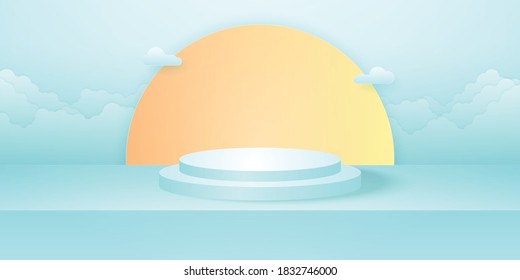 Realistic round podium or pedestal with cyan empty studio room, minimal product backdrop, sun and cloud in the sky background, template mock up for display, geometric shape