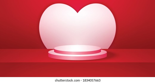 Realistic round podium or pedestal with red empty studio room, minimal product heart shape background, template mock up for display, valentines day, geometric shape