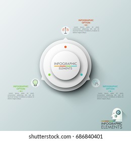Realistic round pointer with 3 arrows pointing at thin line symbols and text boxes. Three main features of provided service. Creative infographic design template. Vector illustration for presentation.