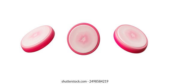 Realistic round radish halves in vector 3D style floating in the air. Ideal for culinary designs, healthy recipe sites and vegetarian themes. Cartoon style, isolated white background.