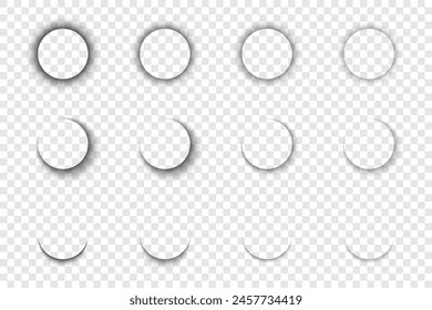 Realistic round shadow with soft edges. Gray round shadows isolated on transparent background.