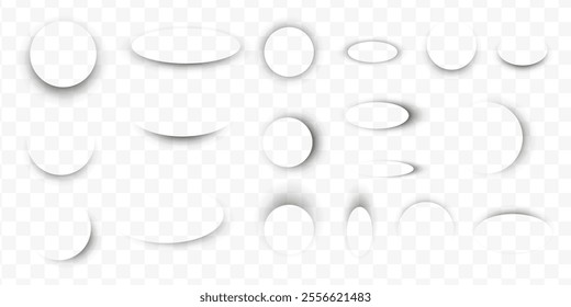 Realistic round shadows collection. Set of shadow overlay effect isolated on transparent background. Vector circle and oval package shades