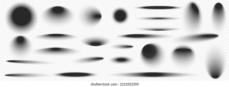Realistic round shadows with soft edges. Gray circle and oval shades on floor or wall surface, Set of templates different shape and size isolated on transparent background, 3d vector illustration