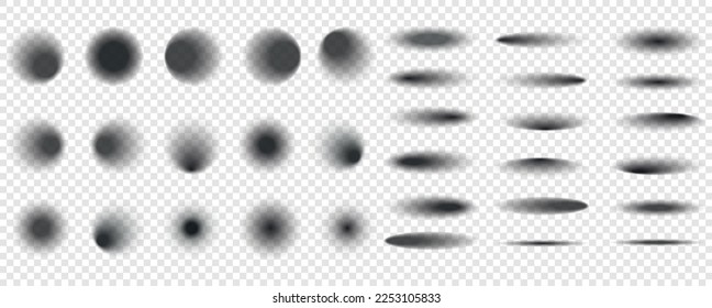 Sombras redondas realistas. Sombrillas cuadradas transparentes de superficie, ovaladas de piso y bordes bordulados de círculo sombras vectoriales aisladas conjunto de plantillas aisladas. Ilustración de sombra de forma suave y realista de la plantilla 10 pasos.