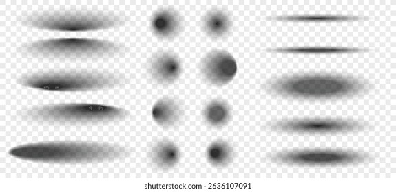 Realistic round shadows. Square transparent surface shades, floor oval and circle blurry edges shadows vector isolated templates set. Template shadow soft, realistic shape shade illustration