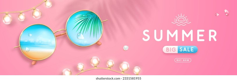 Realistic round shaped summer sunglasses with tropic ocean landscape background in lenses. Summer big sale banner. Vector illustration.