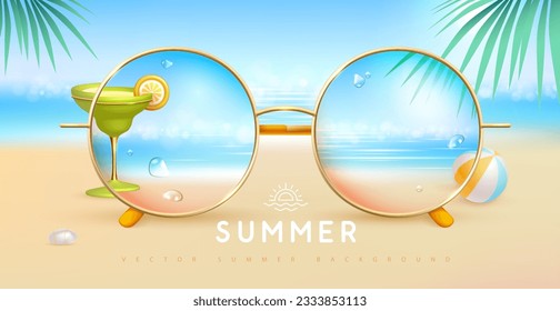 Realistic round shaped summer sunglasses with tropic ocean landscape background and cocktail in lenses.  Summer background. Vector illustration.