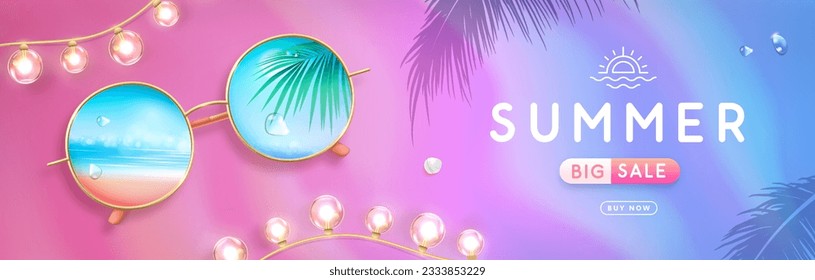 Realistic round shaped summer sunglasses with tropic ocean landscape background in lenses. Summer big sale banner. Vector illustration.