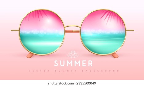 Realistic round shaped summer sunglasses with tropic ocean landscape background in lenses.  Summer background. Vector illustration.