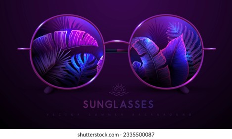 Realistic round shaped summer sunglasses with fluorescent tropic leaves in lenses.  Summer background. Nature concept.  Vector illustration.