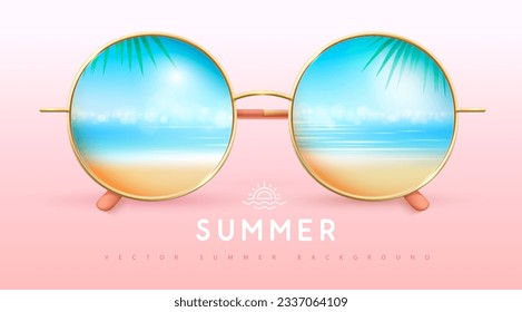 Realistic round shaped summer sunglasses with tropic ocean landscape background in lenses.  Summer background. Vector illustration.