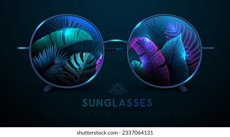Gafas de sol de verano redondeadas y realistas con hojas tropicales fluorescentes en lentes.  Fondo de verano. Concepto de naturaleza.  Ilustración vectorial.