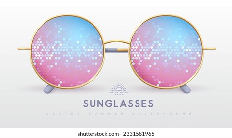 Realistic round shaped sunglasses with disco ball gradient lenses. Vector illustration.