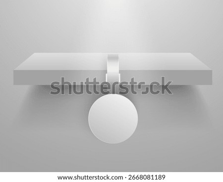 Realistic round shelf wobbler attached to edge. Transparent plastic strip and blank space for sale or promotion. Isolated on white background, front view.