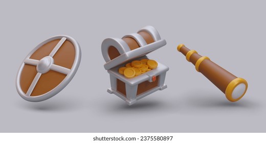 Realistic round shield, open chest with gold coins, folding spyglass. Vector image on colored background. Isolated icons. Pirate game. Set for web design