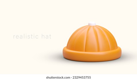 Realistic round small beany hat with twisted brim. Vector poster on yellow background. Color concept for hat shop. Advertising in cartoon style, place for text