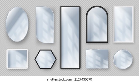 Realistic round and square mirrors in frames with light reflection. Modern mirror shapes designs. Glass with reflective surface vector set. Illustration of realistic mirror round and square