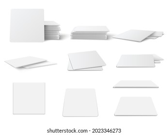 Realistic Round and square table coasters mockup set.