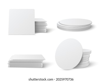 Realistic Round And Square Table Coasters Mockup Set.