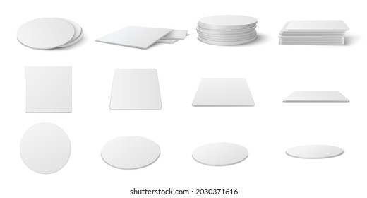 Realistic Round and square table coasters mockup set.