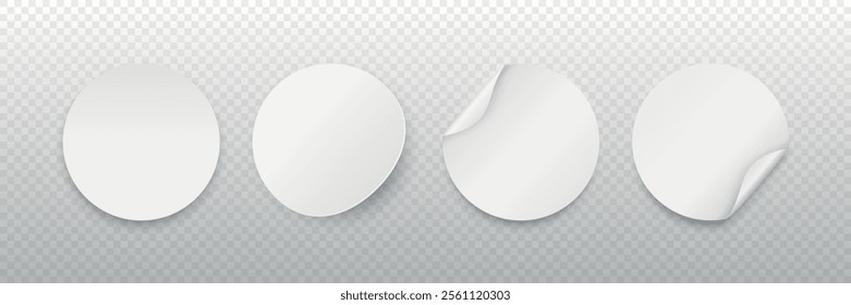 Realistic Round Sticker Vector Set. Round Stickers with Shadows. Curled Corner Stickers, Straight Round Stickers, Slightly Curled Stickers. Design Template for Labels, Tags, Promotions, Marketing