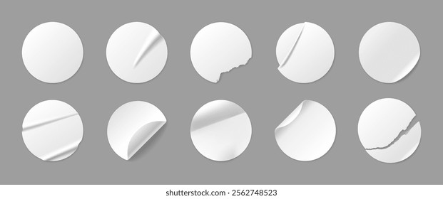 Realistic round stickers with folds and torn edges, damaged white paper labels. Blank adhesive sticker with peeling corner, ripped circular label template, wrinkled price tag mockup vector set