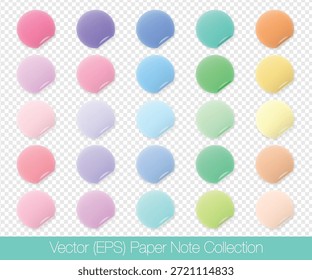 Realistic round sticky paper note set, blank templates isolated on transparent background. Aesthetic colorful round paper mockup, circle post note stickers, round stickers, vector illustration