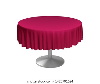 Realistic round table with red folded tablecloth. Vector template