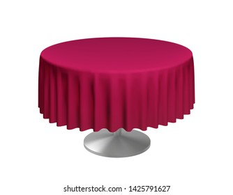 Realistic round table with red folded tablecloth. Vector template