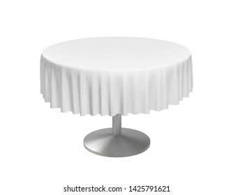 Realistic round table with white folded tablecloth. Vector template