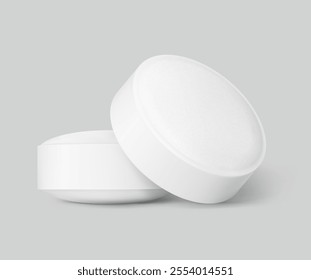 Realistic round tablet mockup isolated on grey background. Vector illustration. Can be used for pharmacy and cosmetic. Mockup versatile for health and wellness projects. EPS10.